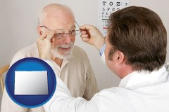 colorado map icon and an optician fitting eyeglasses on an elderly patient