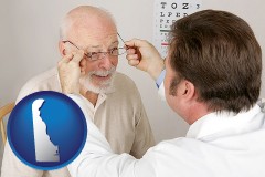 delaware map icon and an optician fitting eyeglasses on an elderly patient