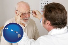 hawaii map icon and an optician fitting eyeglasses on an elderly patient