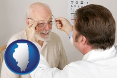 illinois map icon and an optician fitting eyeglasses on an elderly patient