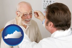 kentucky map icon and an optician fitting eyeglasses on an elderly patient