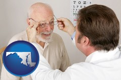 maryland map icon and an optician fitting eyeglasses on an elderly patient