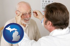michigan map icon and an optician fitting eyeglasses on an elderly patient