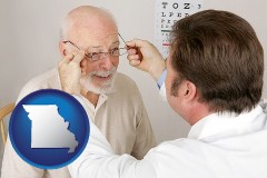 missouri map icon and an optician fitting eyeglasses on an elderly patient