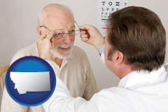 montana map icon and an optician fitting eyeglasses on an elderly patient