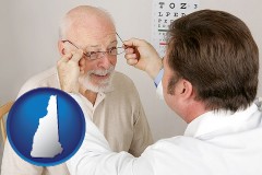 new-hampshire map icon and an optician fitting eyeglasses on an elderly patient