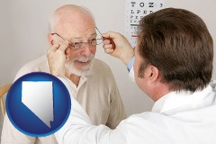 nevada map icon and an optician fitting eyeglasses on an elderly patient