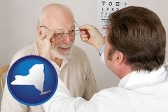new-york map icon and an optician fitting eyeglasses on an elderly patient