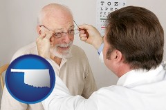 oklahoma map icon and an optician fitting eyeglasses on an elderly patient