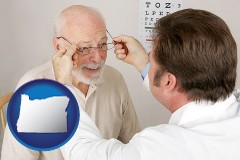 oregon map icon and an optician fitting eyeglasses on an elderly patient