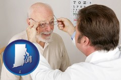 rhode-island map icon and an optician fitting eyeglasses on an elderly patient