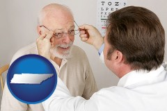 tennessee map icon and an optician fitting eyeglasses on an elderly patient