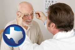texas map icon and an optician fitting eyeglasses on an elderly patient
