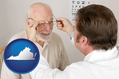 virginia map icon and an optician fitting eyeglasses on an elderly patient