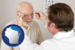 wisconsin map icon and an optician fitting eyeglasses on an elderly patient