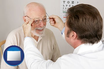 an optician fitting eyeglasses on an elderly patient - with Colorado icon