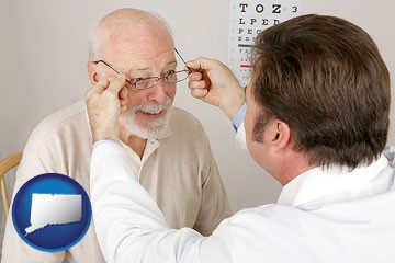 an optician fitting eyeglasses on an elderly patient - with Connecticut icon