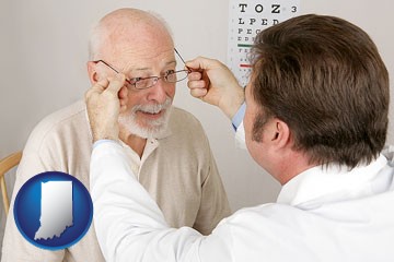 an optician fitting eyeglasses on an elderly patient - with Indiana icon