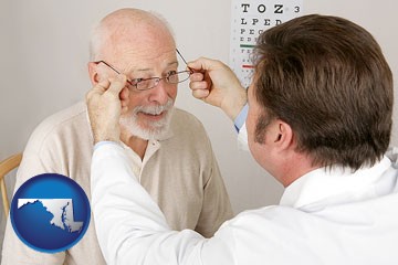an optician fitting eyeglasses on an elderly patient - with Maryland icon