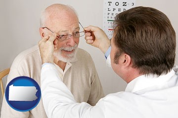 an optician fitting eyeglasses on an elderly patient - with Pennsylvania icon