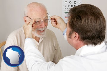 an optician fitting eyeglasses on an elderly patient - with Wisconsin icon