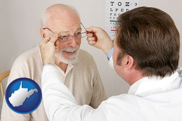 an optician fitting eyeglasses on an elderly patient - with West Virginia icon