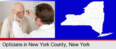 an optician fitting eyeglasses on an elderly patient; New York County highlighted in red on a map