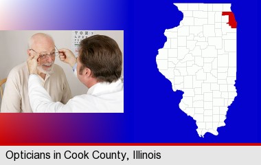 an optician fitting eyeglasses on an elderly patient; Cook County highlighted in red on a map