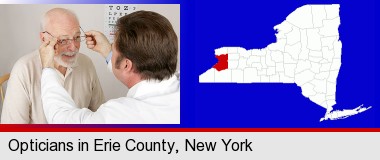 an optician fitting eyeglasses on an elderly patient; Erie County highlighted in red on a map