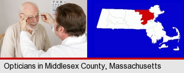 an optician fitting eyeglasses on an elderly patient; Middlesex County highlighted in red on a map