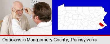 an optician fitting eyeglasses on an elderly patient; Montgomery County highlighted in red on a map