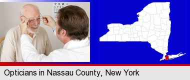 an optician fitting eyeglasses on an elderly patient; Nassau County highlighted in red on a map