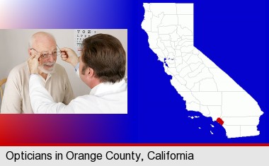 an optician fitting eyeglasses on an elderly patient; Orange County highlighted in red on a map